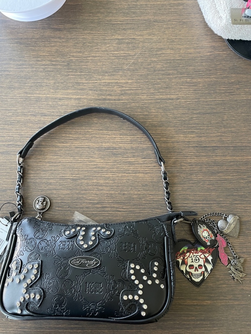 ED HARDY BLACK EMBOSSED SKULL BAGUETTE BAG with Rhinestone Studs and Bag Charm - Picture 7 of 13